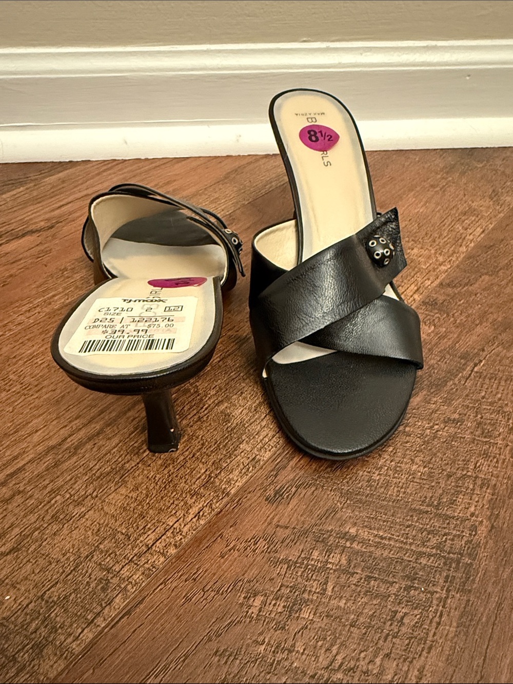 BCBGirls Black Crisscross Mid-Heel Slide Sandals
